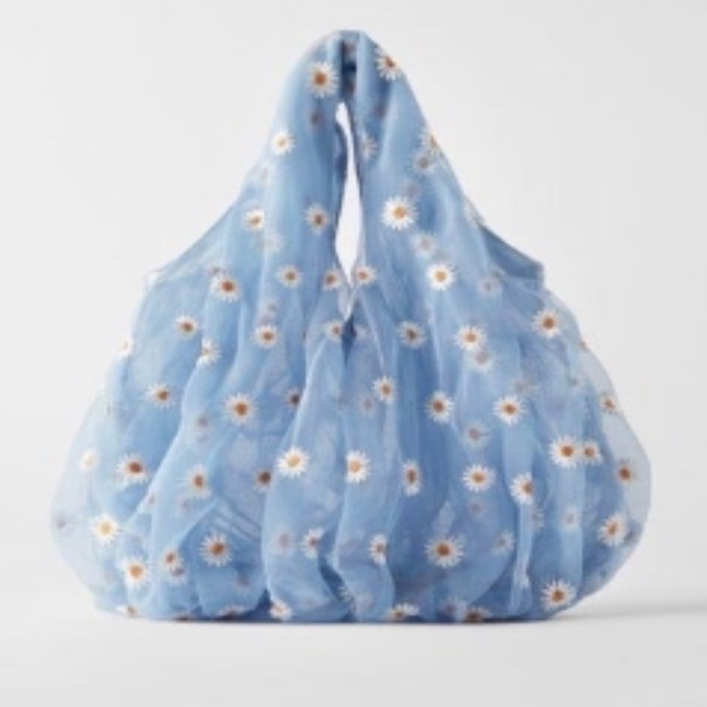 Zara tulle mini bucket bag in blue with daisies. Brand new without tags.